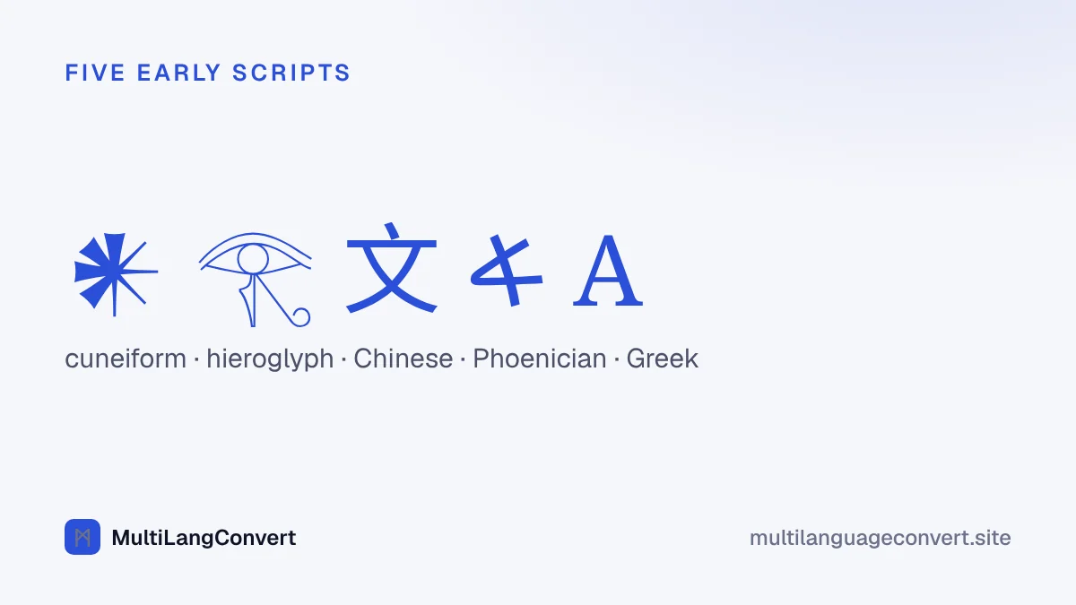 One character from each of five early writing systems: a cuneiform sign, an Egyptian hieroglyph, a Chinese character, a Phoenician letter and a Greek letter