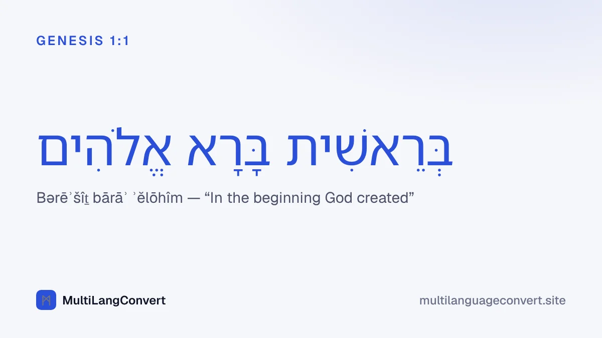 The opening words of Genesis 1:1 in Biblical Hebrew with full vowel points: Bereshit bara Elohim