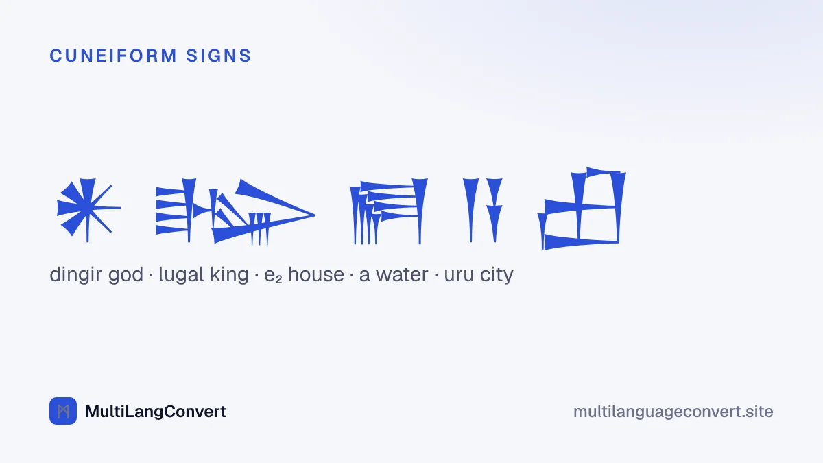 Five cuneiform signs: dingir (god), lugal (king), e2 (house), a (water) and uru (city), with their Sumerian readings